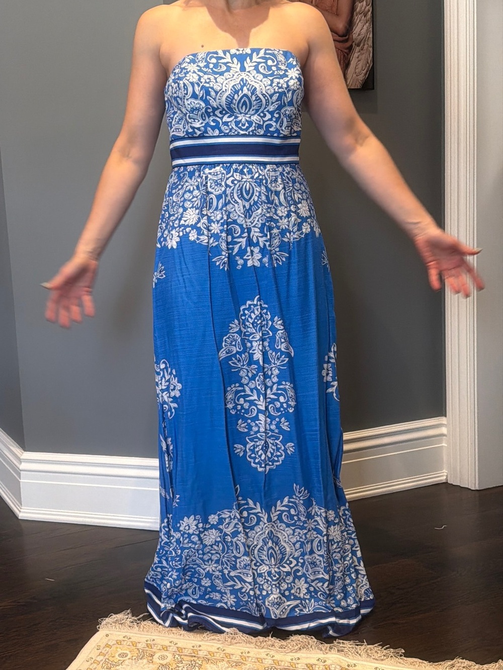 Vineyard Vines Blue and White Strapless Printed Maxi Dress